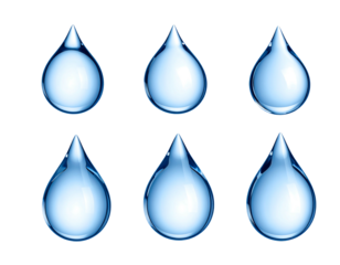 Six shiny, blue water droplets arranged in a 2x3 grid on a black background, featuring unique shapes and light reflections