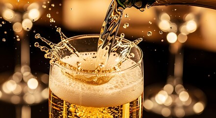 Refreshing beer pouring into a glass creating dynamic splash, suitable for advertising craft beer, promoting brewery tours, or illustrating beverage-related content.