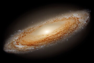 Swirling, orange galaxy with bright center, stars, against dark backdrop