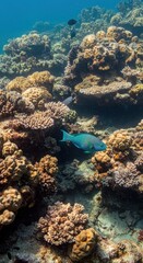 Naklejka premium Vibrant tropical fish swims among diverse formations of a living underwater reef ecosystem