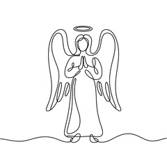Minimalist single line drawing of a praying angel with halo and wings