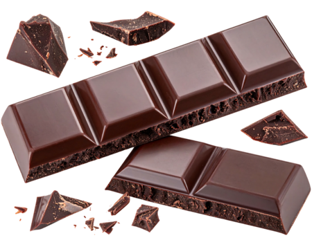 Dark chocolate A rectangular bar and fragments floating. Isolated on a black background, smooth and textured pieces