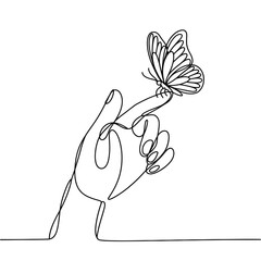 Delicate butterfly rests on a single line drawing of a human hand