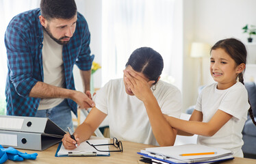 Paperwork of exhausted mother amidst chaos and crazy noise at home. Angry father arguing and child...