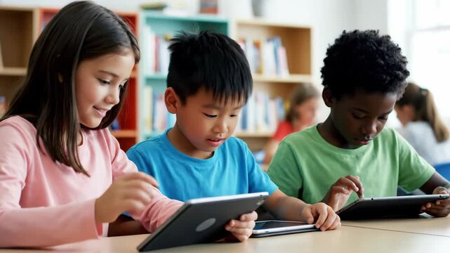 Diverse Children Using Tablets in Bright Classroom with Bookshelves - Powered by Adobe