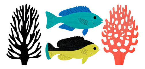Naklejka premium Colorful Fish and Coral Illustrations on Transparent Background for Creative Use