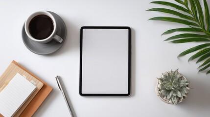 Flatlay mockup tablet coffee plant desk office workspace