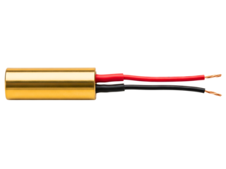 Gold cylindrical electronic component with red and black wires on a transparent background