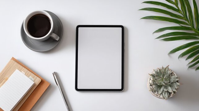 Flatlay mockup tablet coffee plant desk office workspace