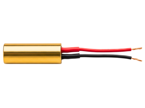 Gold cylindrical electronic component with red and black wires on a transparent background