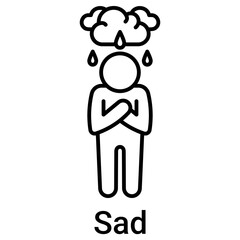 Sad Icon in Outline Color Style. Unhappy emotion, tear, and crying symbol. Melancholy illustration.