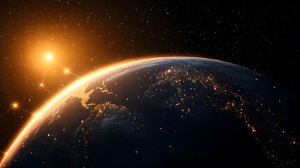 Fototapeta premium The image features a stunning view of Earth from space, illuminated by the sun, with stars and city lights creating a vibrant and cosmic perspective.