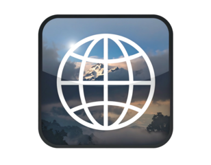 Glossy icon of globe lines overlaying a scenic mountain vista with sky and cloud background in a rounded, squared container