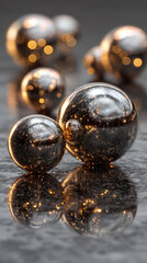 shiny metallic spheres arranged like an abstract constellation in a reflective void. The composition conveys futuristic design, cosmic patterns, modern technology, innovation, artificial intelligence,