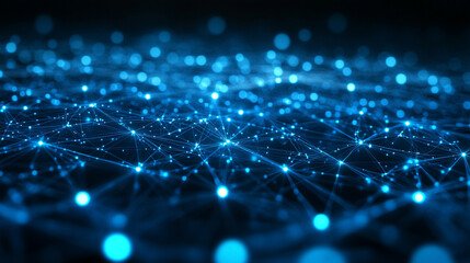 An AI network visualized as a glowing digital web, with interconnected nodes radiating vibrant light. The hyperrealistic scene symbolizes connectivity, intelligence, and the luminous flow of data in a