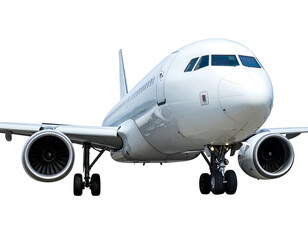 Close-up of a bright white passenger airplane on black background, angled towards the viewer
