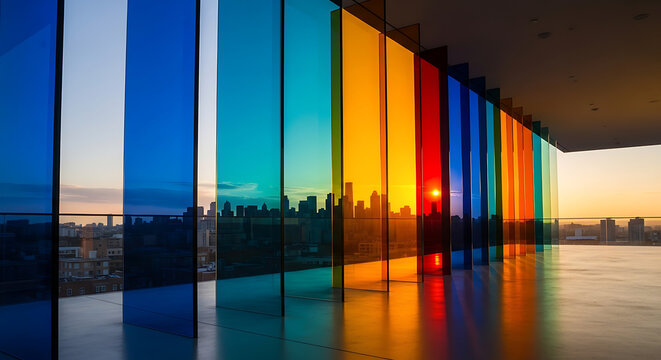 Colorful Glass Panels Reflecting a Cityscape at Sunset Architecture and Color - Powered by Adobe