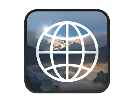 Glossy icon of globe lines overlaying a scenic mountain vista with sky and cloud background in a rounded, squared container