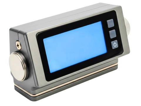 Industrial electronic controller with a blank blue digital screen on a transparent background