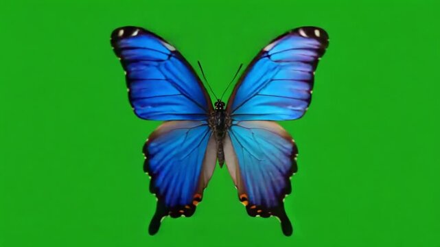 A vibrant blue butterfly with open wings against a bright green screen for chroma key compositing butterfly green screen video