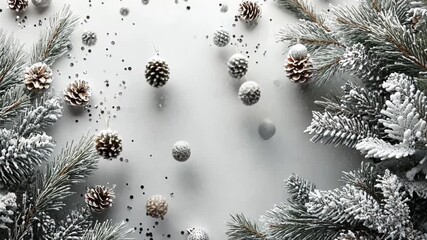 Enchanting winter scene with snow-covered pine branches, pine cones, and delicate silver glitter gently falling creating a festive ambience - Powered by Adobe