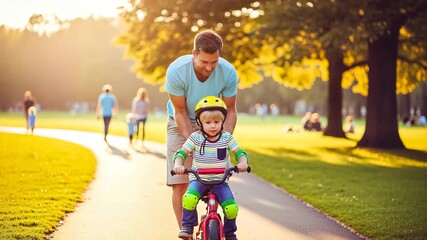 Father teaching his son to ride a bicycle in a sunny park, bonding moment video generative ai