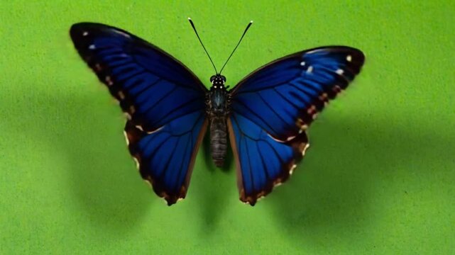 Close up of a blue morpho butterfly with open wings on a solid green colored background butterfly green screen video