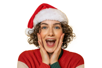excited woman in santa hat expressing holiday joy.