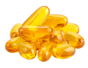 A pile of shiny, golden yellow gel capsules, translucent and reflecting light, against a clean black background