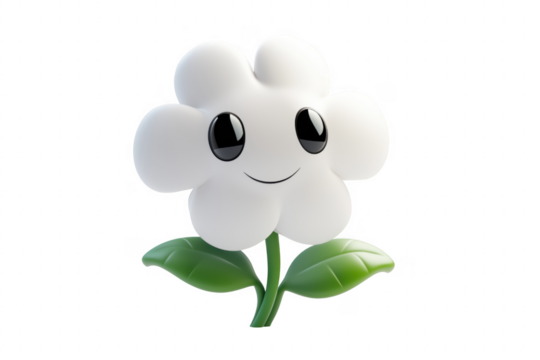 Happy cartoon flower with leaves isolated on a transparent background - Powered by Adobe
