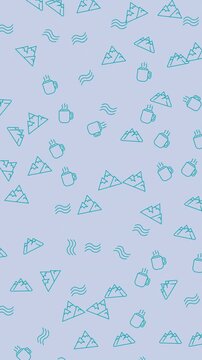 Seamless winter pattern with blue mountains, cocoa mugs, and stylized waves, perfect for winterthemed designs like wrapping paper.