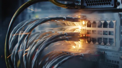 Neon Ethernet Cables Arcing with Electric Sparks in Server Rack ...