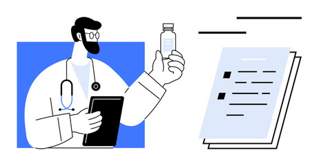 Male doctor with stethoscope examines medicine bottle while holding a tablet near documents. Ideal for healthcare, medical research, prescriptions, patient care, education, medicine, and diagnostics