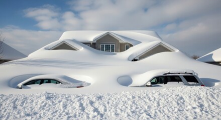 A residential home and vehicles completely buried under a massive amount of freshly fallen snow