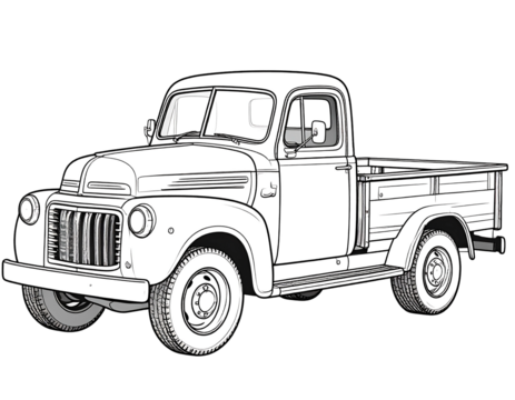 Classic vintage pickup truck line drawing in black and white, isolated on black background, perspective view