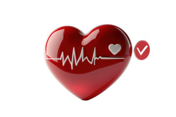 Shiny red heart with heartbeat and checkmark isolated on a transparent background