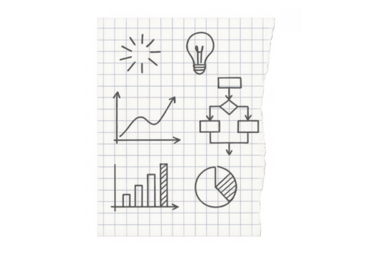 Business planning charts and diagrams doodling on grid paper with ideas and analysis on transparent background