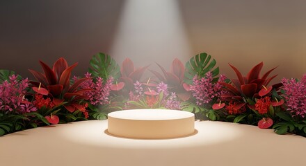 A beautifully decorated cake sits on a pedestal under a spotlight surrounded by flowers