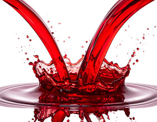 Dynamic, vibrant red liquid pours into a pool, creating a crown-shaped splash against a stark, deep black backdrop