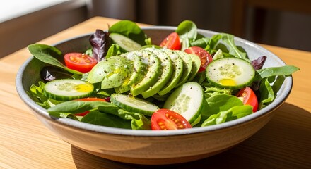 Fresh salad bowl with avocado slices tomatoes and cucumbers healthy meal