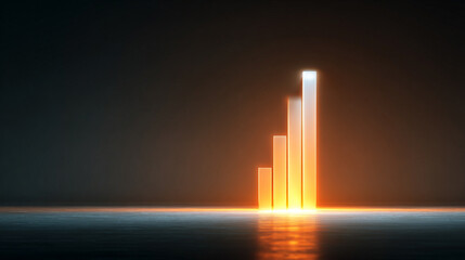 Fototapeta premium single glowing graph bar rising from a polished reflective surface against a bright minimal background. The scene symbolizes business growth, success, financial progress, innovation, and upward moment