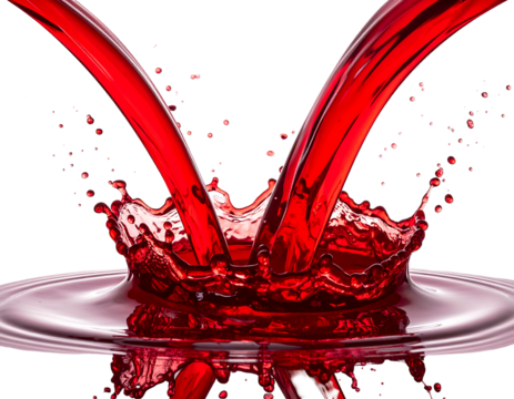 Dynamic, vibrant red liquid pours into a pool, creating a crown-shaped splash against a stark, deep black backdrop