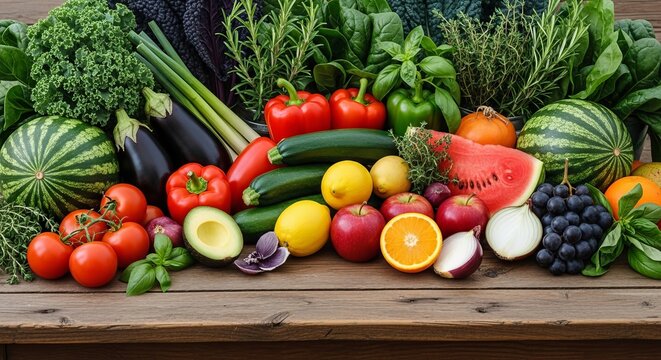 Abundant assortment of fresh ripe fruits and vegetables on a wooden table