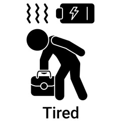 Tired Icon in Solid Style. Burnout, exhaustion, and low energy symbol. Work fatigue sign.