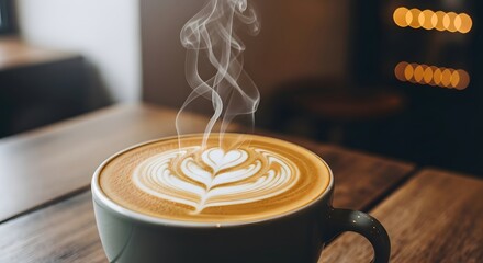 Steaming latte art coffee cup from espresso machine ready for morning enjoyment