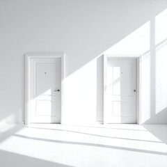 A conceptual image of choice and opportunity, featuring two white doors in a bright, minimalist room with dramatic sunlight and shadows