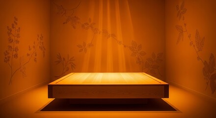 Empty illuminated stage podium in a warm orange room with spotlight effect