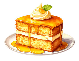 Slice of moist cake with dripping caramel, cream filling, whipped topping, and mint, on white plate