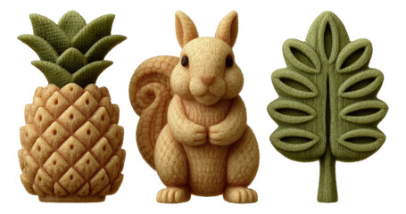 Cute 3D Illustrations of Pineapple, Squirrel, and Leaf on Transparent Background