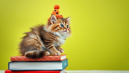 A fluffy cat wearing a tiny hat sits awkwardly on a stack of books,  image,  picture